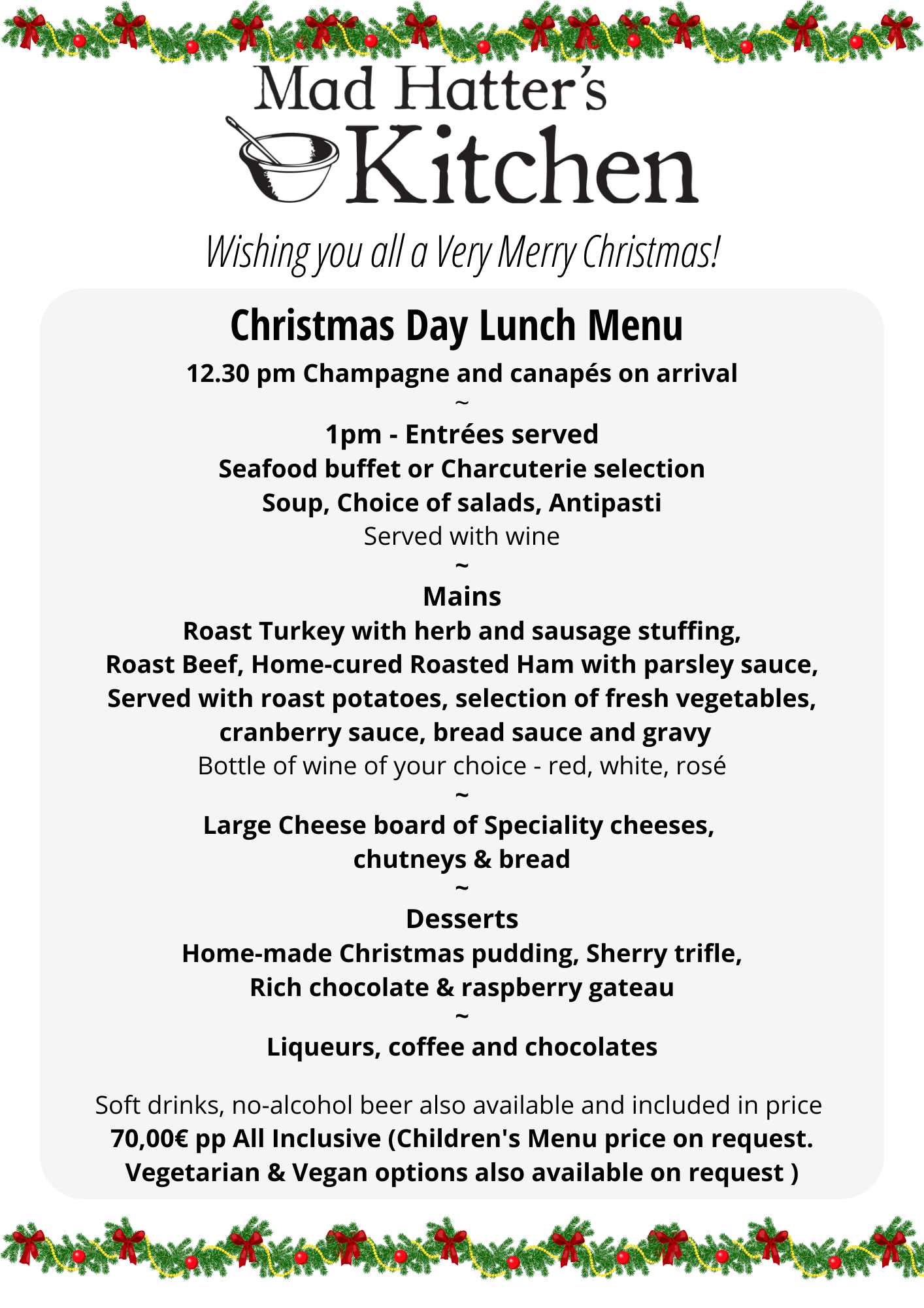 christmas day food menu at Mad Hatters France